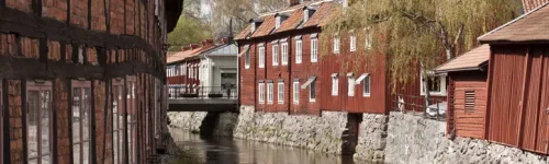 Vasteras old town View over Vasteras old town, Sweden showing traditional wooden and brick houses from the 18th-19th century.